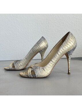 Miu Miu Python Snakeskin Cross Strap Peep Toe Stiletto Heels Pumps